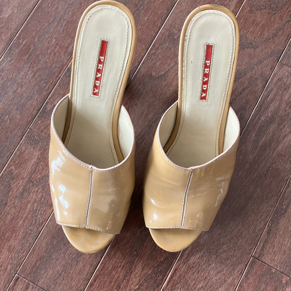 Prada Women's Beige Patent Leather Mules size 39